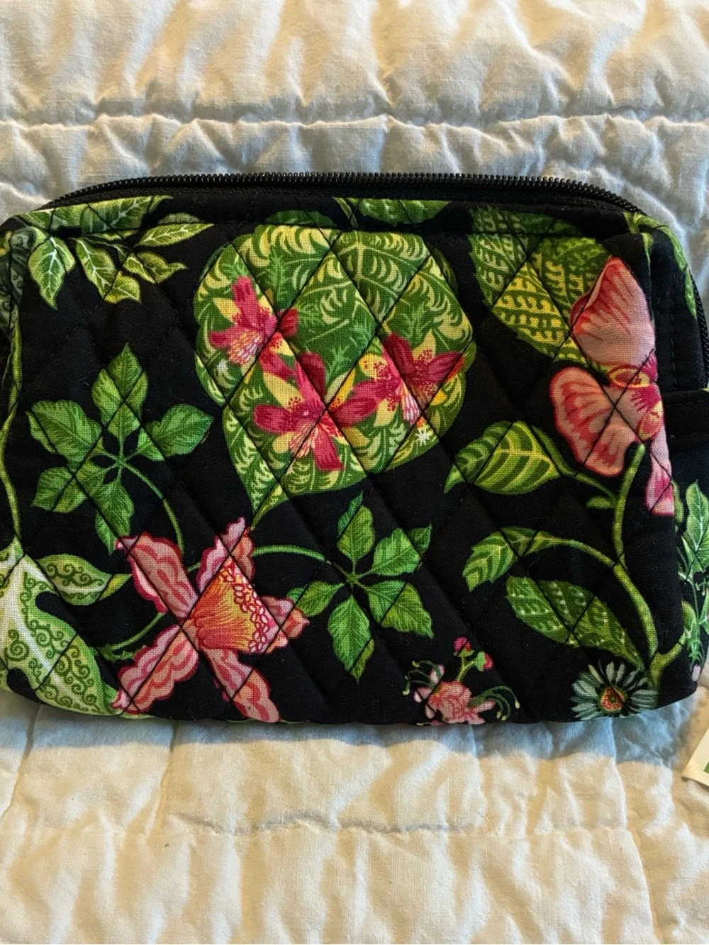 Vera Bradley Black Floral Quilted Cosmetic Bag with Pink & Green Accents